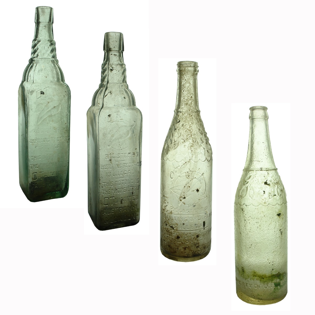 4 OT Bottles. 2 x Square Cordials; Round screw top Cordial; Large Textured surface Crown Seal.