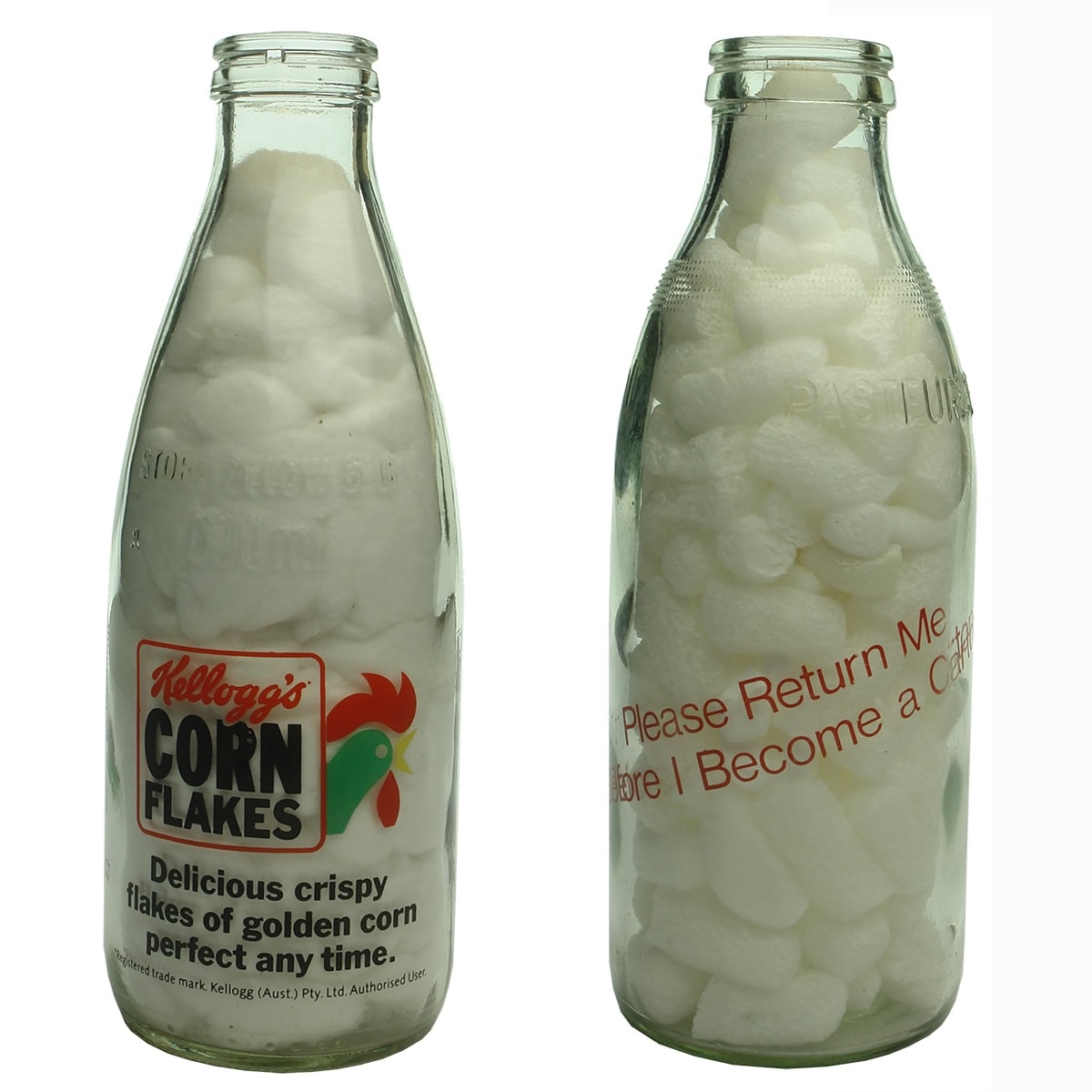 2 Ceramic Label Advertising Milks. Kellogg's Corn Flakes. Australian Co-operative Foods. Canberra; Please Return Me Before I Become a Carton. 600 ml.