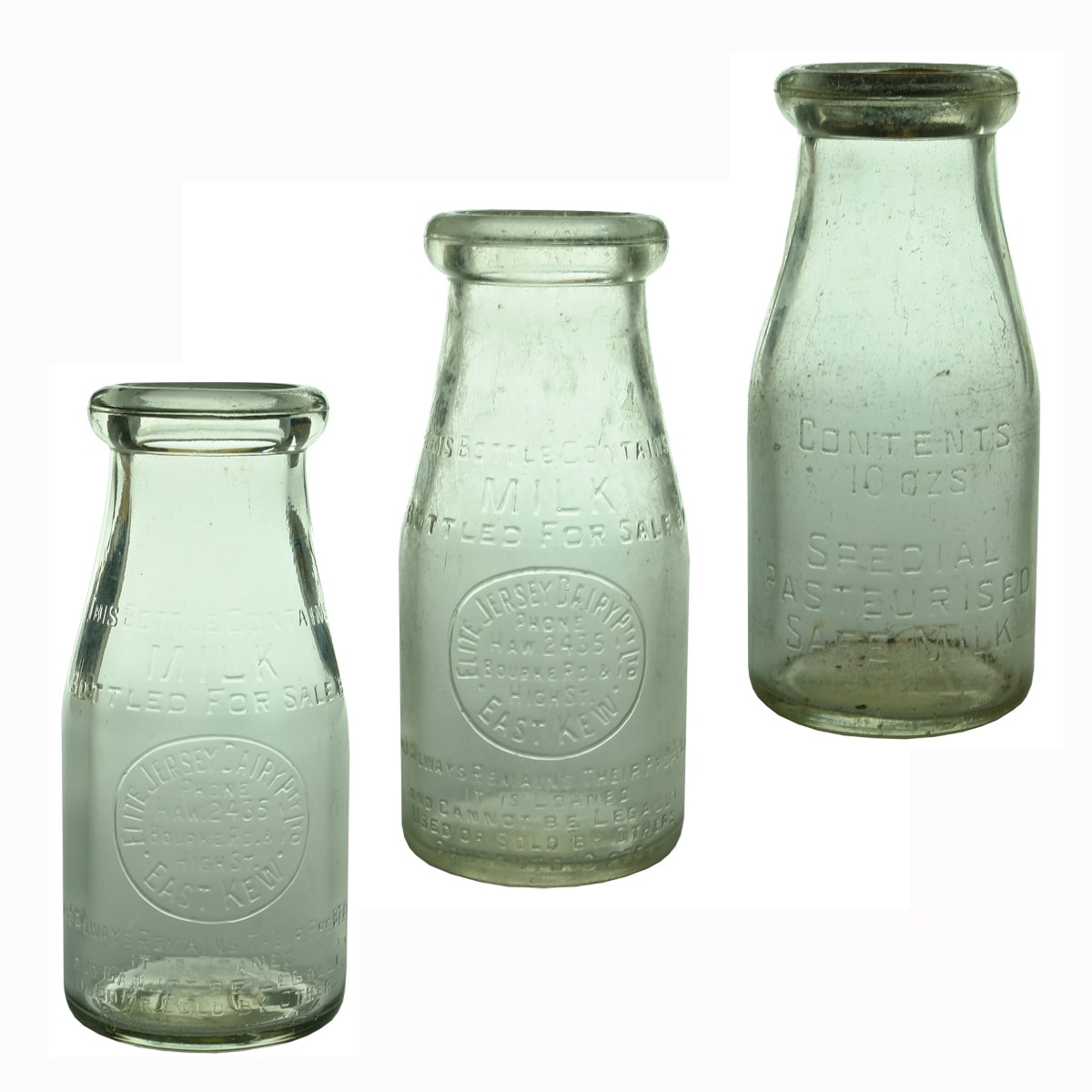 3 Half Pint Milks: 2 x Elite Jersey Dairy Pty Ltd, East Kew. (Base: 341); Special Pasteurised Safe Milk (Very hard to read ghosted Morris Bros print) (Base: 37) (Victoria)