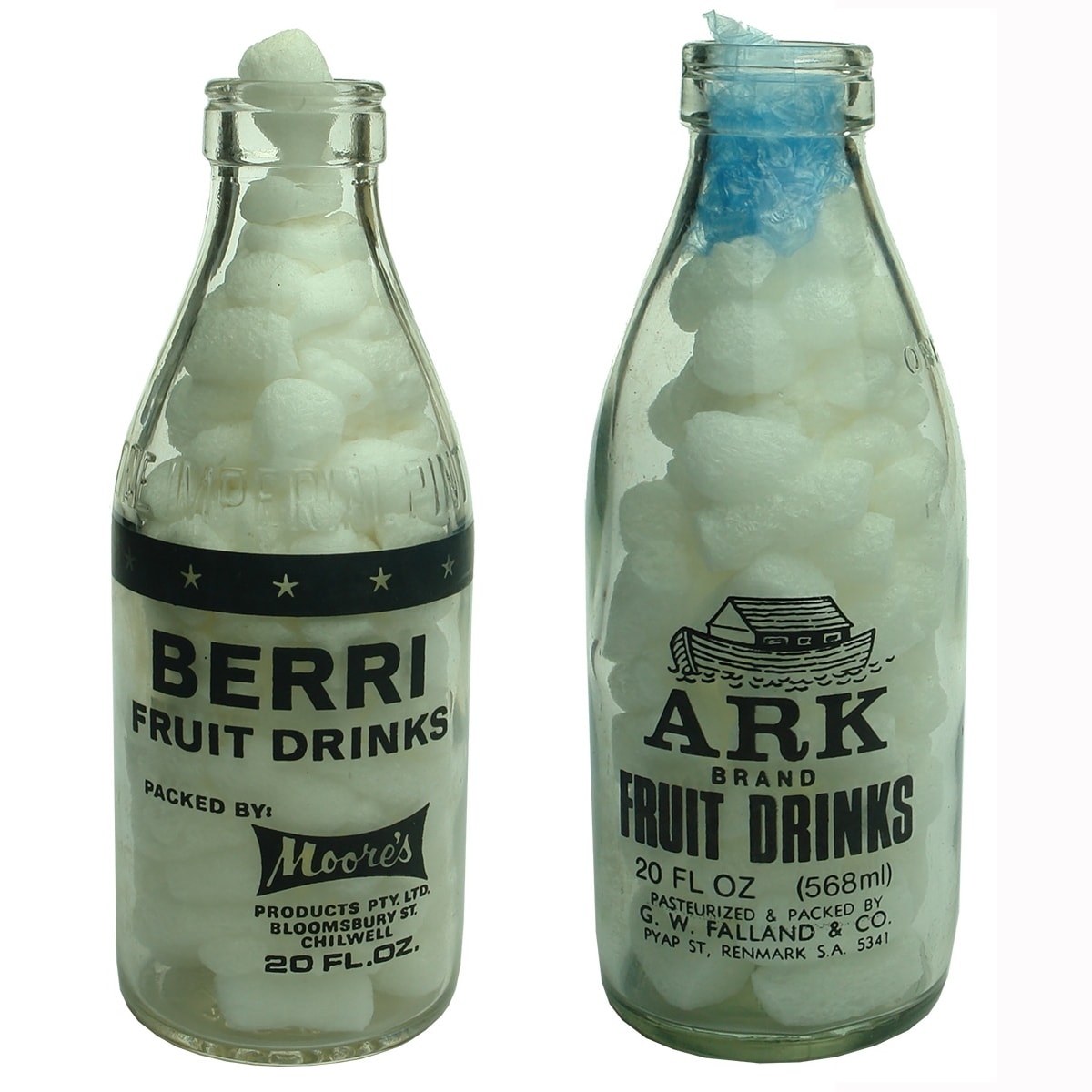 2 Ceramic Label "Milks". Berri Fruit Drinks, Moore's, Chilwell; Ark Brand Fruit Drinks, G. W. Falland & Co, Renmark. (Victoria & South Australia)