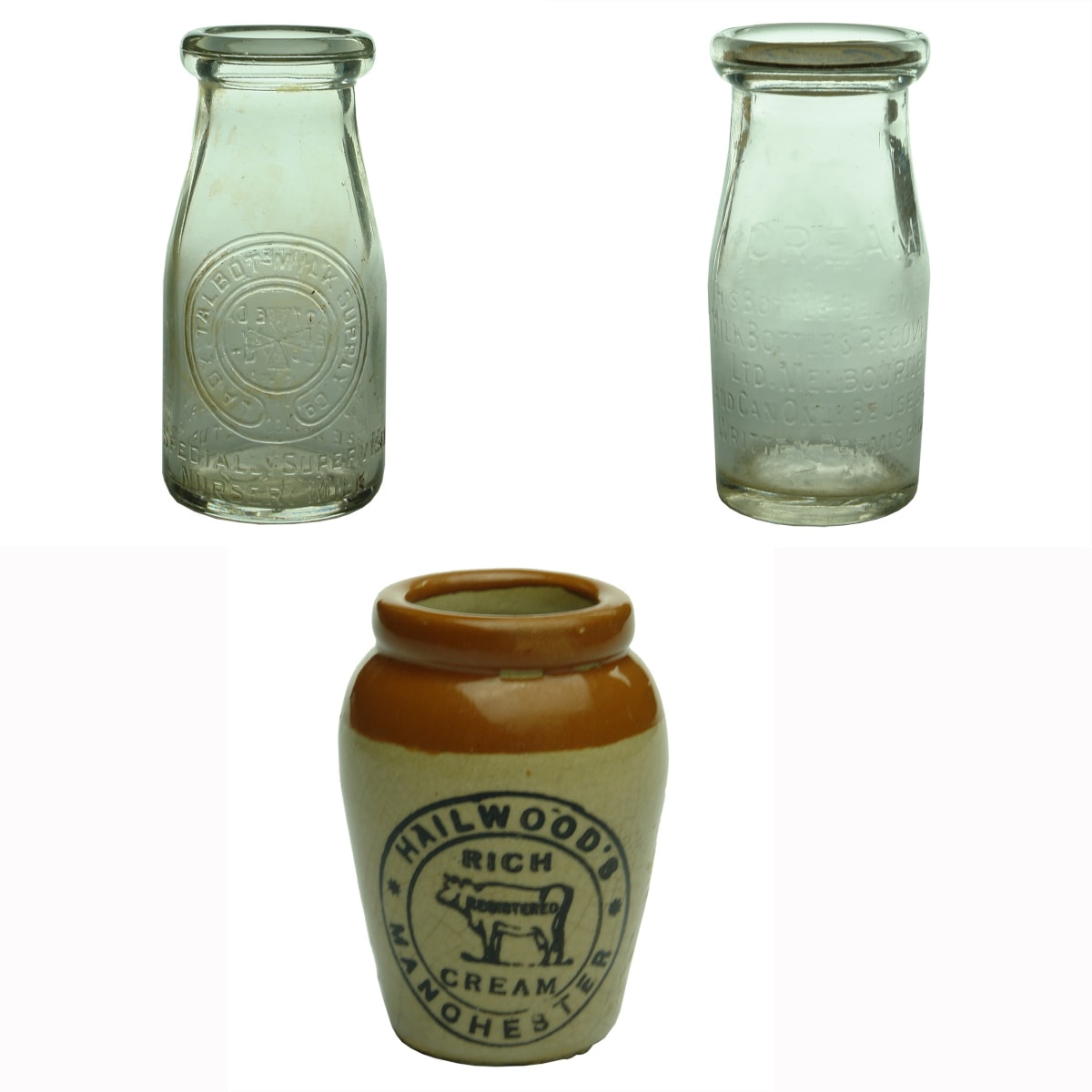 3 Creams/Small milk: Lady Talbot Milk Supply 8 oz Nursery Milk (Base: 62); Milk Bottles Recovery Cream; Hailwood's Manchester Rich Cream stoneware jar.