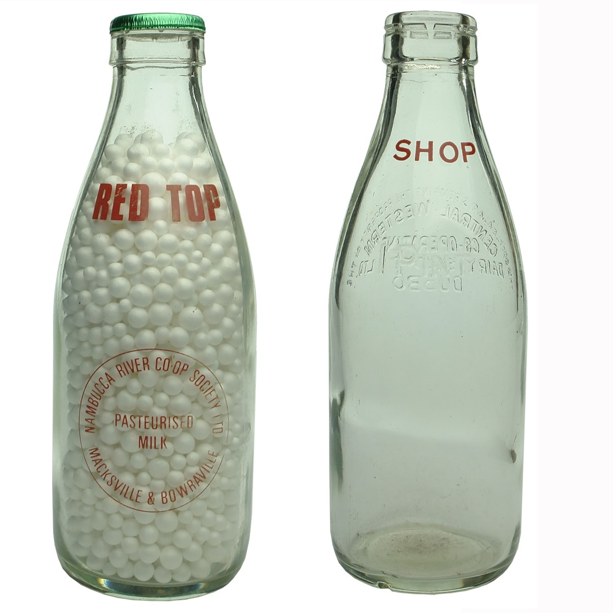 2 Milk Bottles: Red Top. Nambucca River Co-op Society Ltd., Macksville & Bowraville; Central Western Co-operative Dairy Society Ltd, Dubbo. Shop in red print. (New South Wales)
