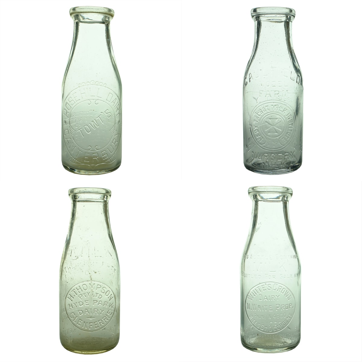 4 Milks. Towt's Rosehill Dairy Canterbury Base: 228; Caulfield Model Farm, Lady Talbot Milk Institute Base: M; H. Thompson Hyde Park Dairy Glenferrie Base: 24; White's Crown Dairy Deepdene base: 76. (Victoria)