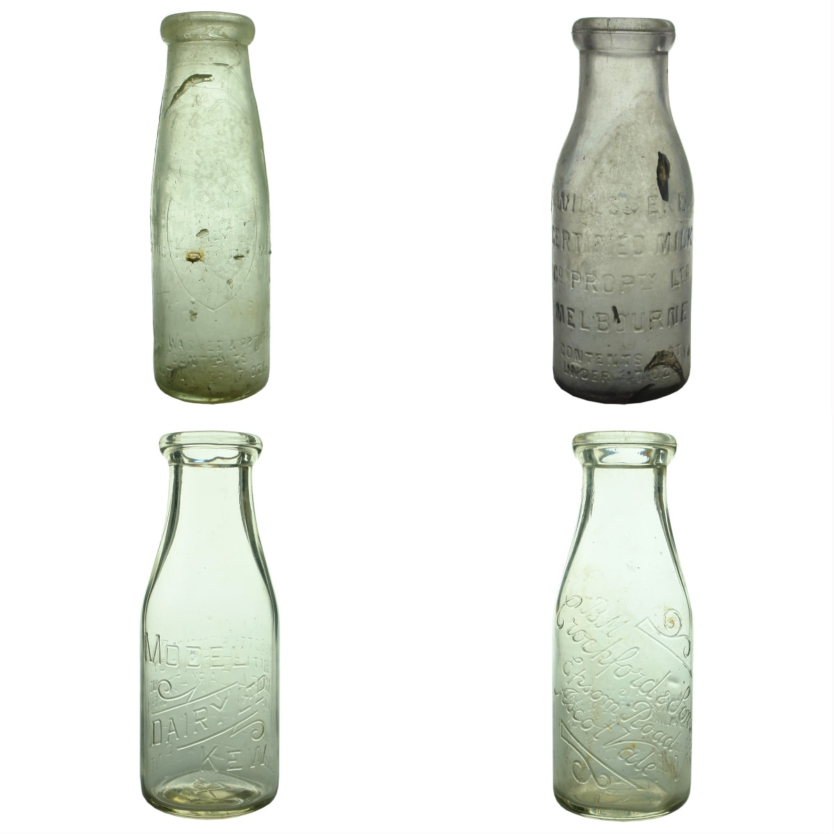 4 Milks: Tall Willsmere 17 oz; Amethyst Willsmere 17 oz; Model Dairy Ltd Kew, Base: 4; B. M. Crockford & Sons Ascot Vale, Base Number: 217. (Victoria)