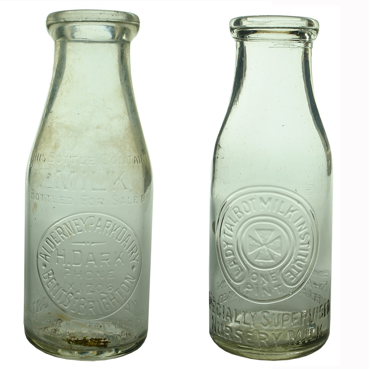 2 Milks. Alderney Park Dairy, H. Dark, Brighton, Base Number 249; Lady Talbot Milk Institute, Caulfield Model Farm, Nursery Milk. Pints. (Victoria)