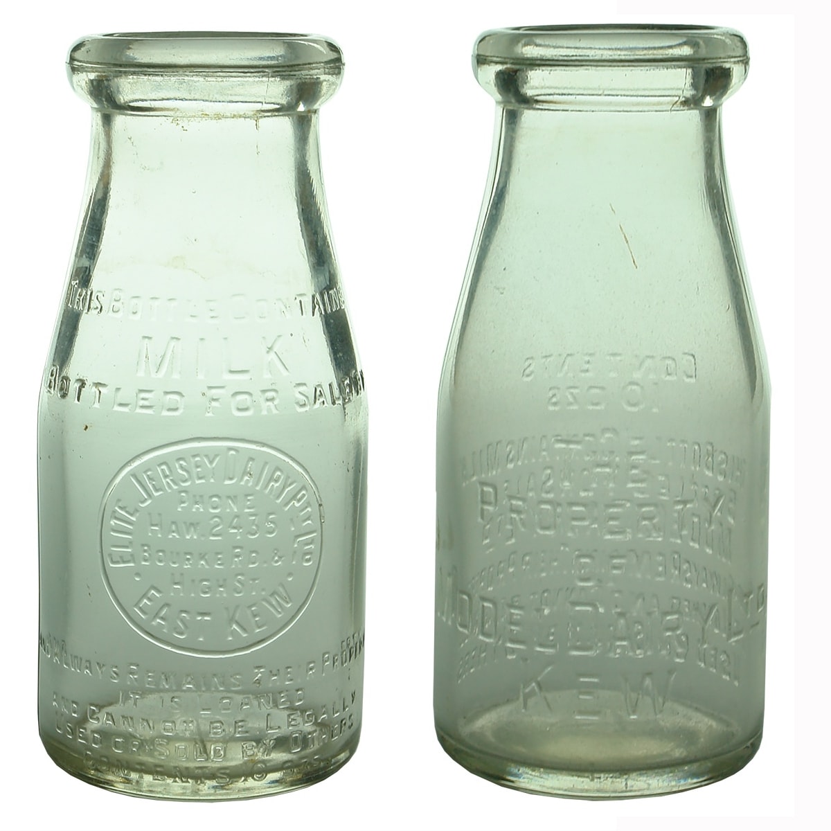 2 Half Pint Milks: Elite Jersey Dairy Pty Ltd, East Kew (Base: 341); Model Dairy Ltd, Kew (Base: 4). (Victoria)