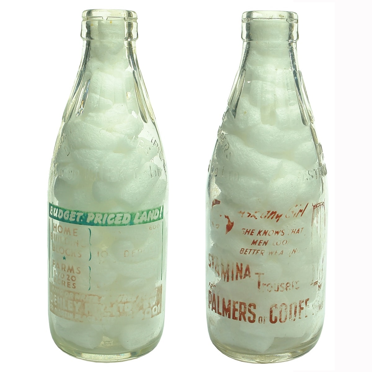2 Ceramic Label Milks: Budget Priced Homes, Denley Pty Ltd; Stamina Trousers, Palmers of Cooee Stores. Dairy Farmers Co-op Milk Co Ltd. Pints. (New South Wales)