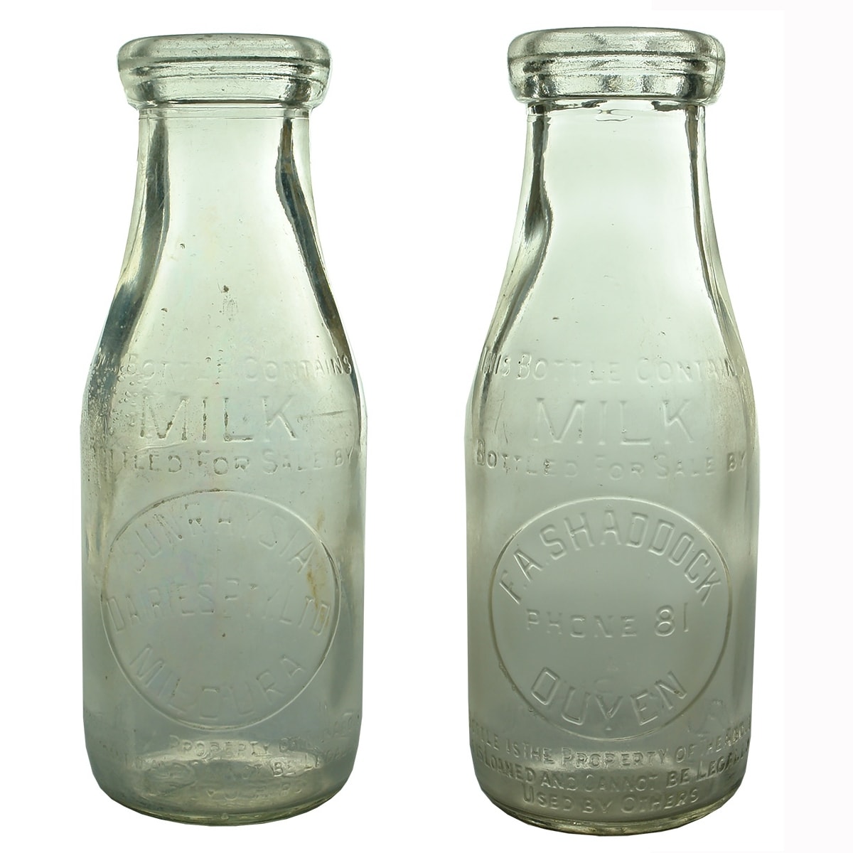 2 Pint Milks: Sunraysia Dairies Pty Ltd Mildura, Base: 538; F. A. Shaddock, Ouyen, Base: 585. (Victoria)