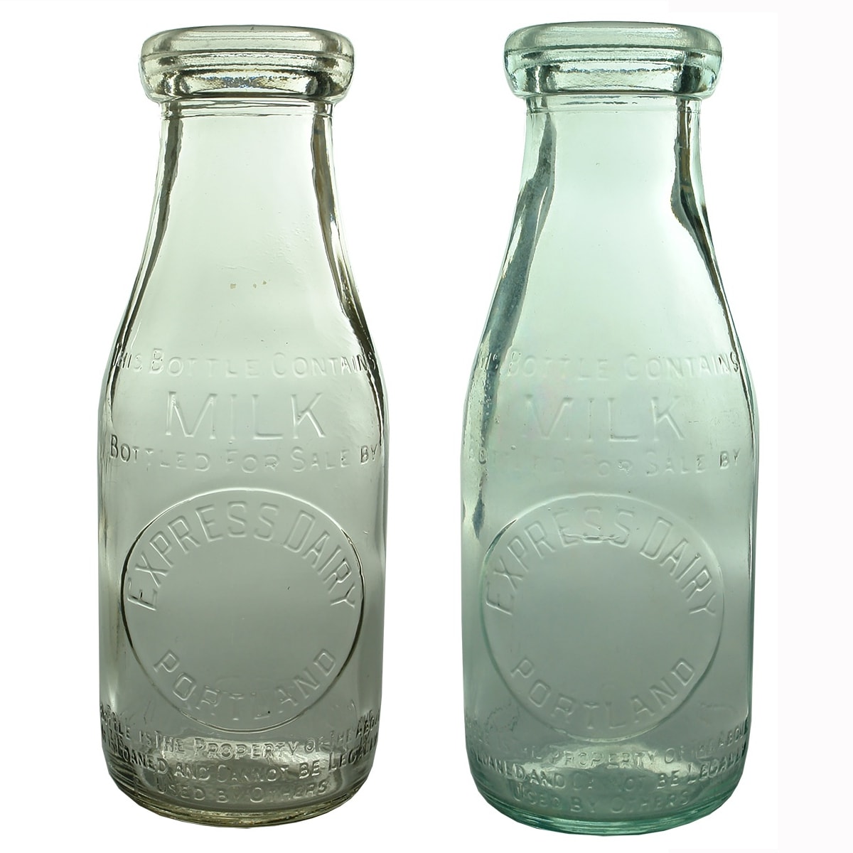 2 Pint Milks. Both Express Dairy, Portland. Base: 571. Clear & Aqua. (Victoria)