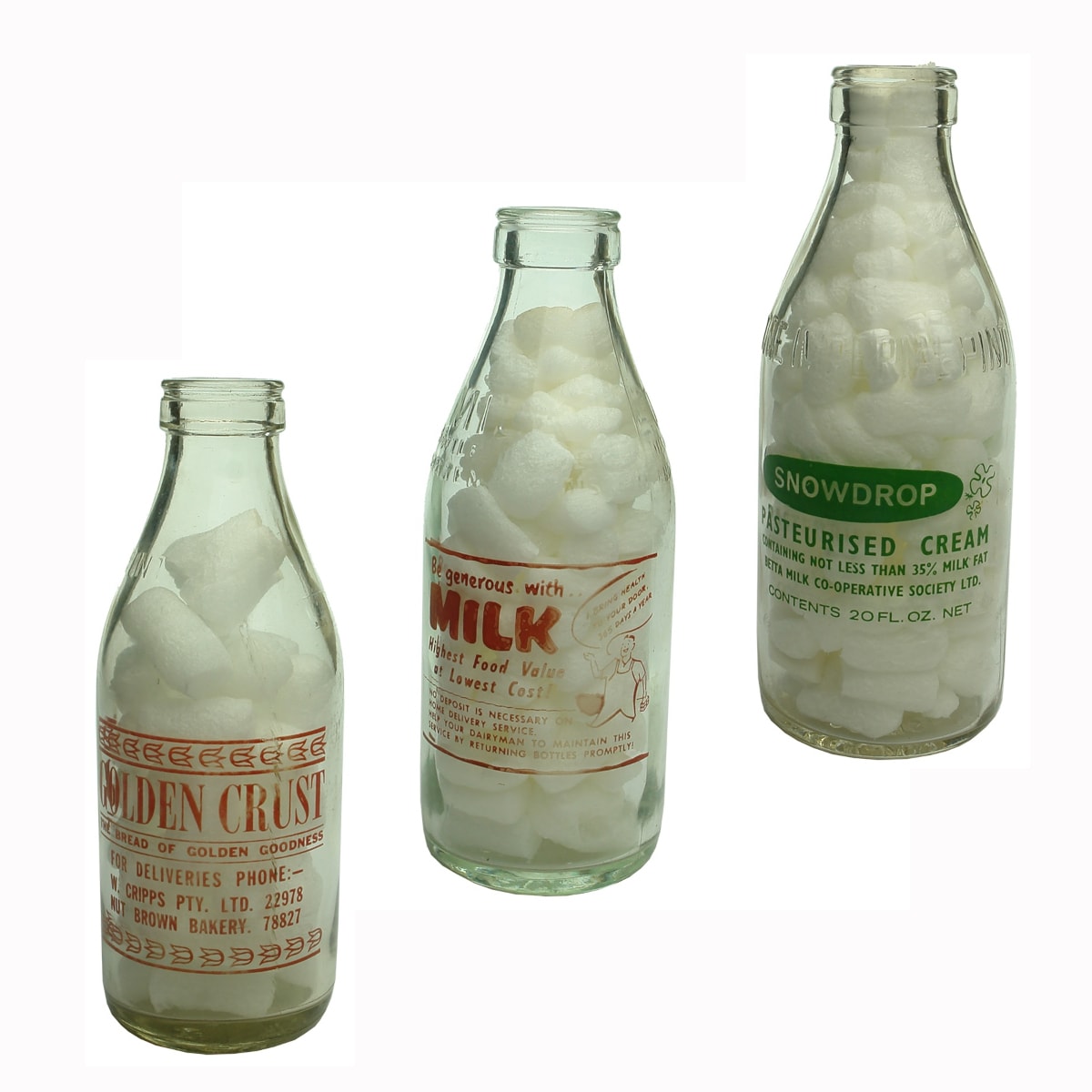 3 Ceramic Label Milk Bottles: Golden Crust, W. Cripps Pty Ltd, Nut Brown Bakery; Be Generous with Milk, Milk Bottles Recovery; Snowdrop Pasteurised Cream.