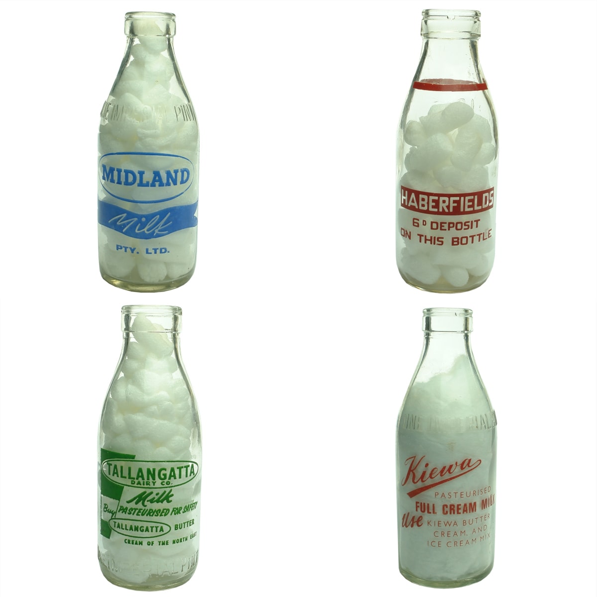 4 Ceramic Label Milks: Midland Milk Pty Ltd; Haberfields; Tallangatta Dairy Co; Kiewa Full Cream Milk, North Eastern Dairy Co. Ltd. Pints. (Victoria)