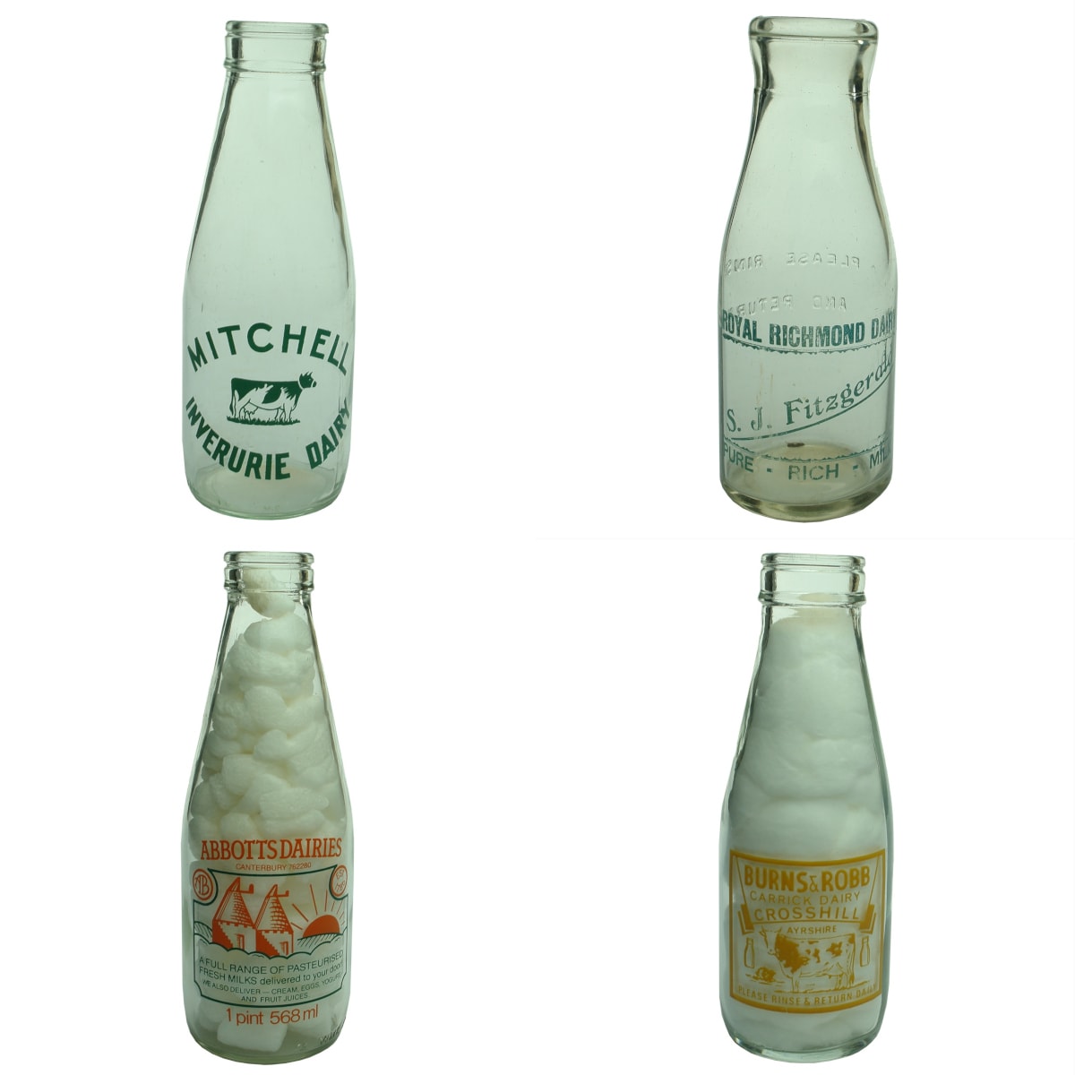 4 International Ceramic Label Milks: Mitchell Inverurie Dairy; Royal Richmond Dairy; Abbotts Dairies Canterbury; Burns & Robb Carrick Dairy Crosshill.