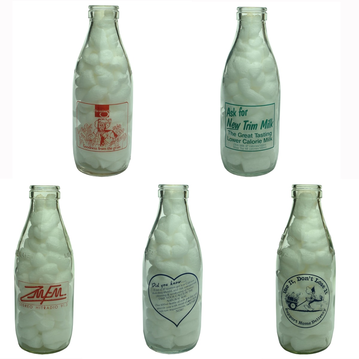 5 Milk Station (New Zealand) Milks: Various ceramic label advertising Milk and one for a Radio Station. 600 ml. (New Zealand)