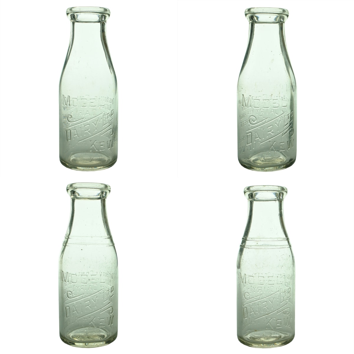 4 Milks. 2 Different Variations of Model Dairy Ltd Kew. First two with Base Mark: 4. Second two with two rings around neck and base mark: S4. (Victoria)