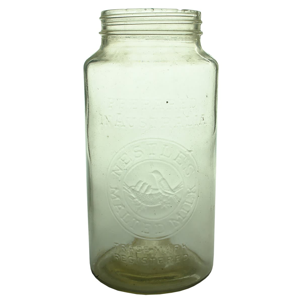 Jar. Nestle's Malted Milk. Prepared in Australia. Birds & Nest. Clear. Half Gallon.
