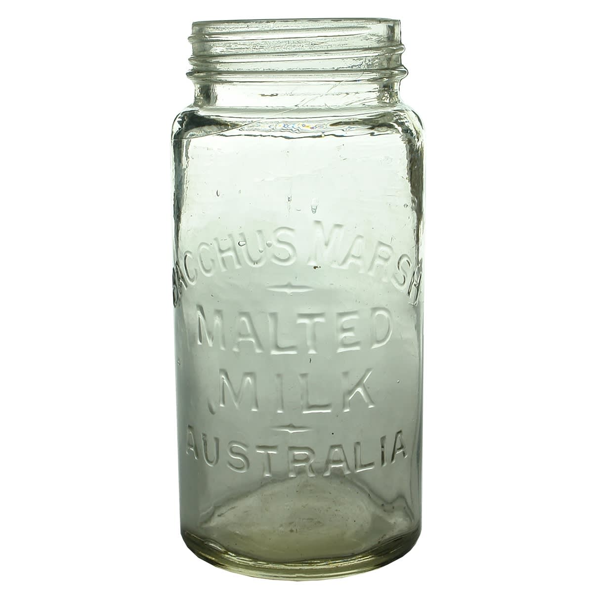 Jar. Bacchus Marsh Malted Milk. Screw top. Clear. 1 Pint. (Victoria)