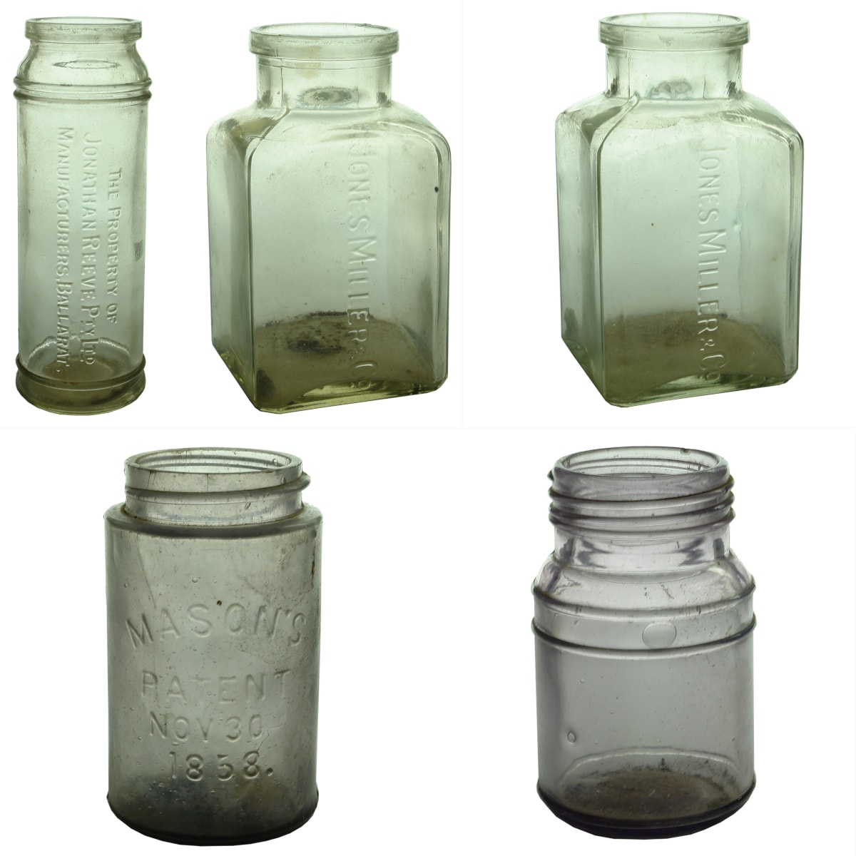 5 Jars: Jonathan Reeve Pty Ltd Ballarat; 2 x Jones Miller & Co; Mason's Patent 1858 Pint; Small plain fancy sun coloured amethyst jar.