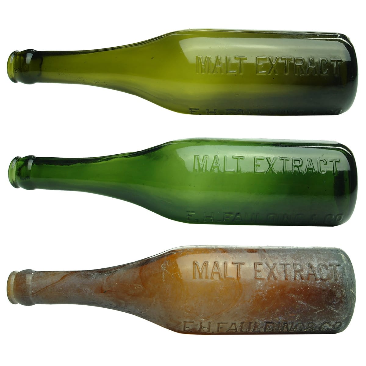 3 different F. H. Faulding & Co Malt Extract crown seal bottles. Olive Green, Forest Green & Amber. 13 oz. (South Australia)