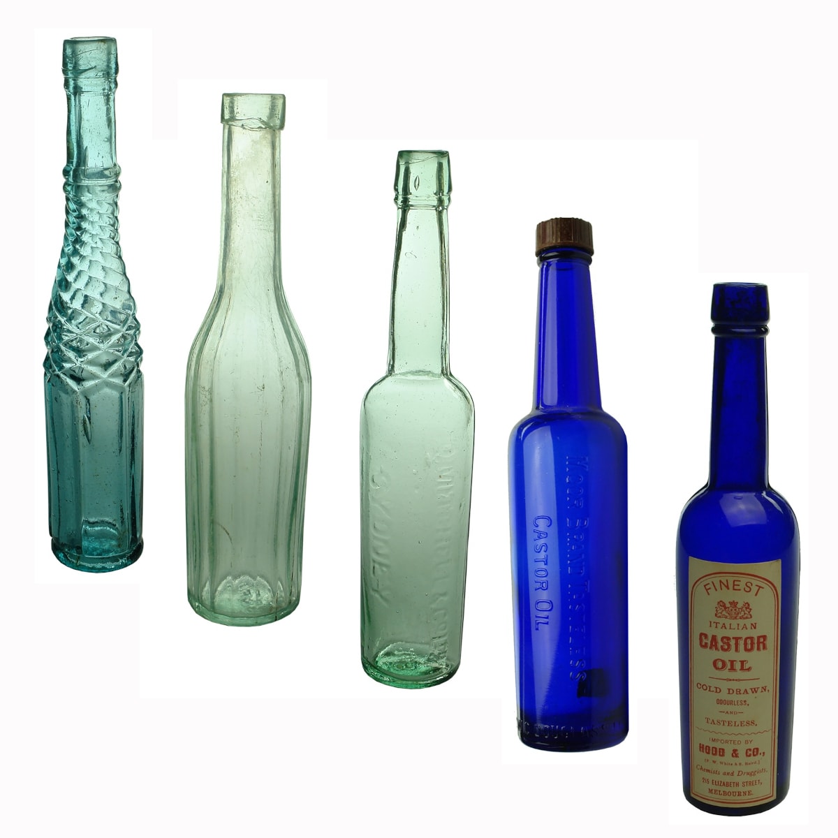 5 Oil type Bottles: Half Whirly; Fluted; D. Mitchell & Co Ltd Sydney Castor Oil; Moor Brand screw top Castor Oil; Castor Oil with Hood & Co Melbourne label.