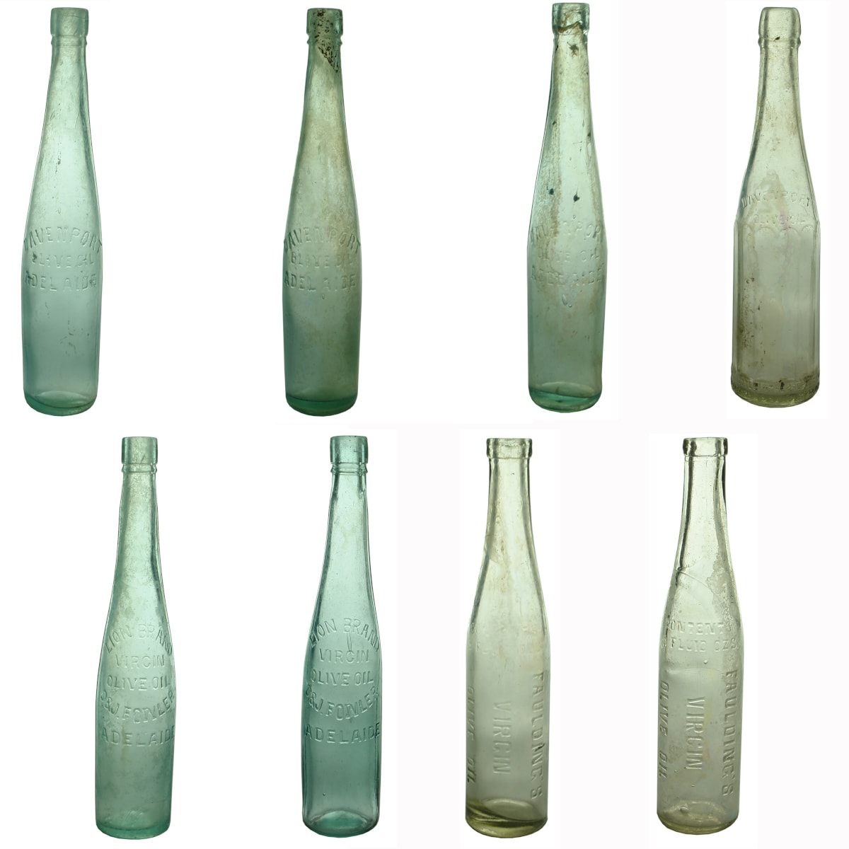 8 Olive Oils. 4 x Davenport, Adelaide; 2 x Lion Brand, D. & J. Fowler, Adelaide; 2 x Faulding's 5 oz. (South Australia)
