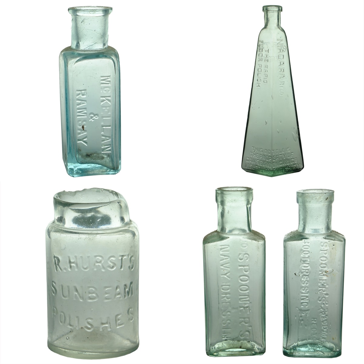 5 Polish Bottles: McKellan & Ramsay; Cawsey Menck Niagara polish; R. Hurst's Sunbeam; 2 x Spooner's Navy Dressing.
