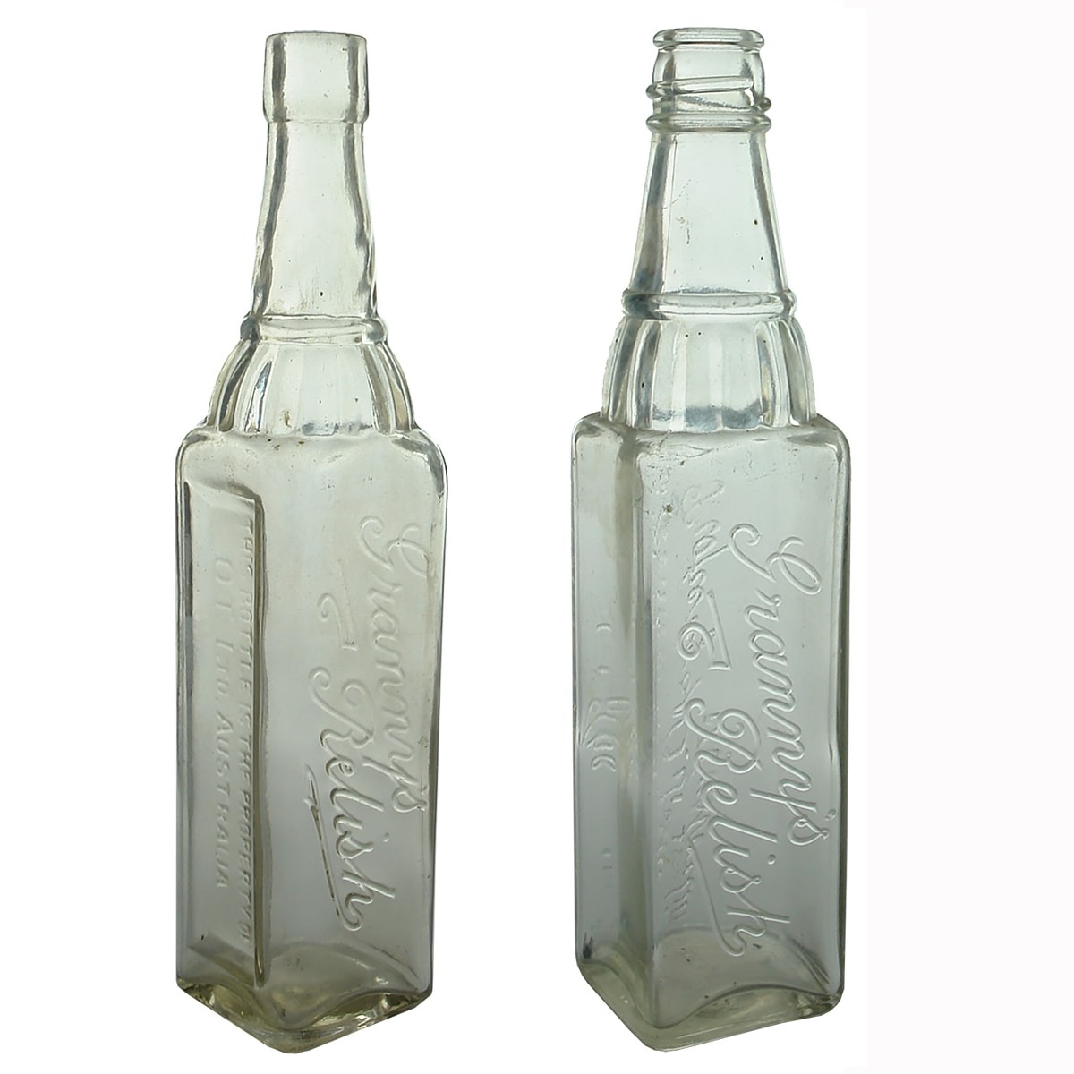 2 Sauces. Cordial shapes. O. T. Ltd Australia. Granny's Relish. machine made. Cork top and Screw top/crown seal.