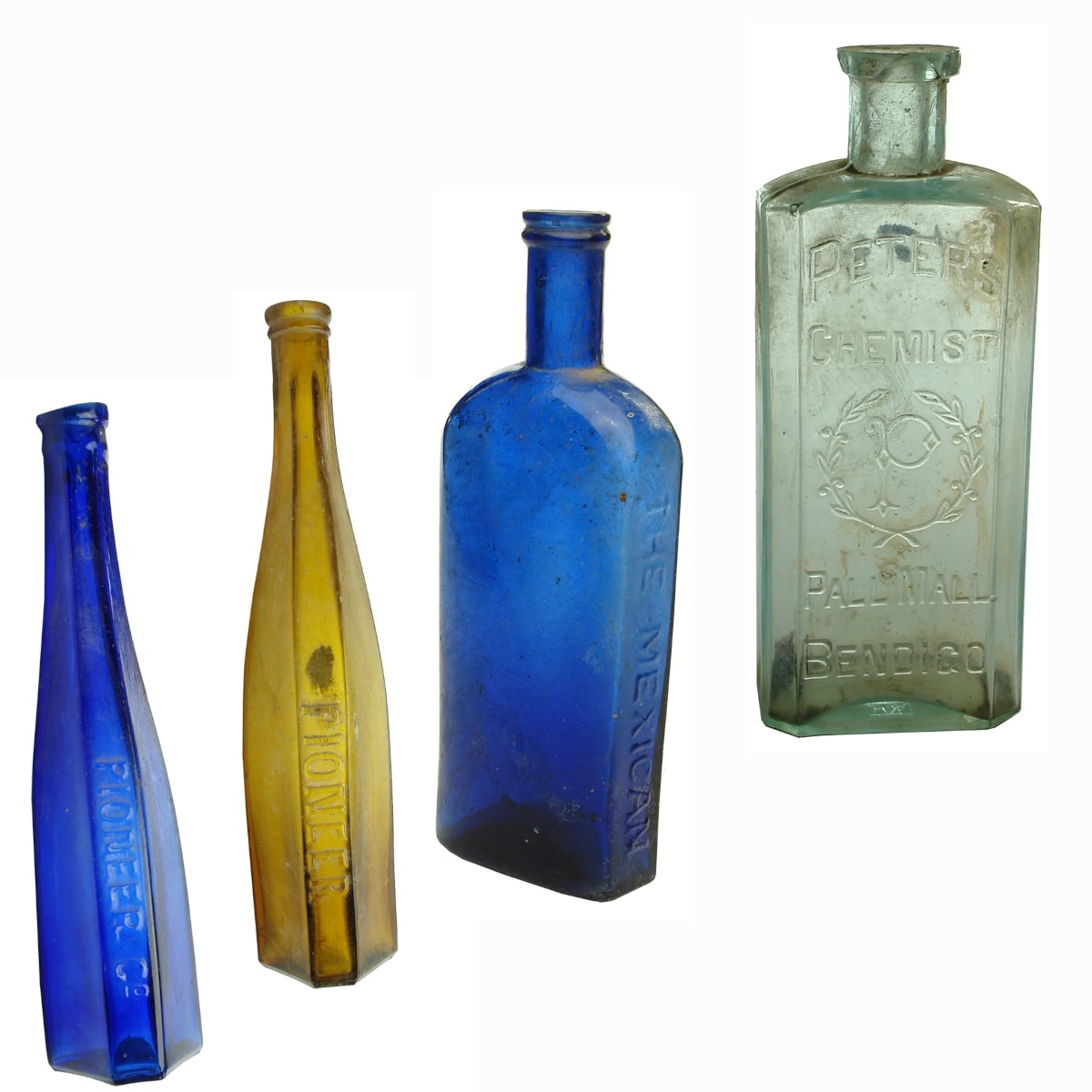4 Bottles: 2 x Pioneer Oils, Cobalt & Honey Amber; Mexican Hair Renewer; Peters Bendigo Chemist.