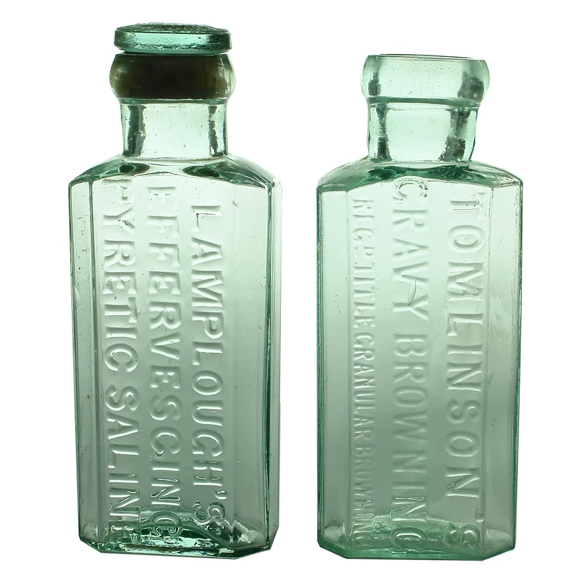 2 Salts type bottles: Lamplough's Effervescing Pyretic Saline with original branded stopper; Tomlinson's Gravy Browning, Granular Browning.