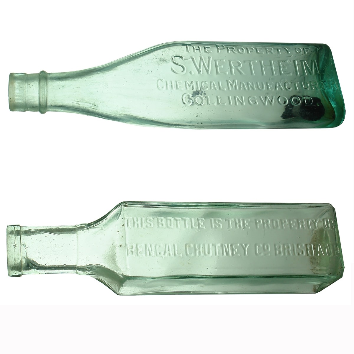 2 Household Bottles. S. Wertheim, Chemical Manufacturer, Collingwood; Bengal Chutney Co., Brisbane. (Victoria & Queensland)