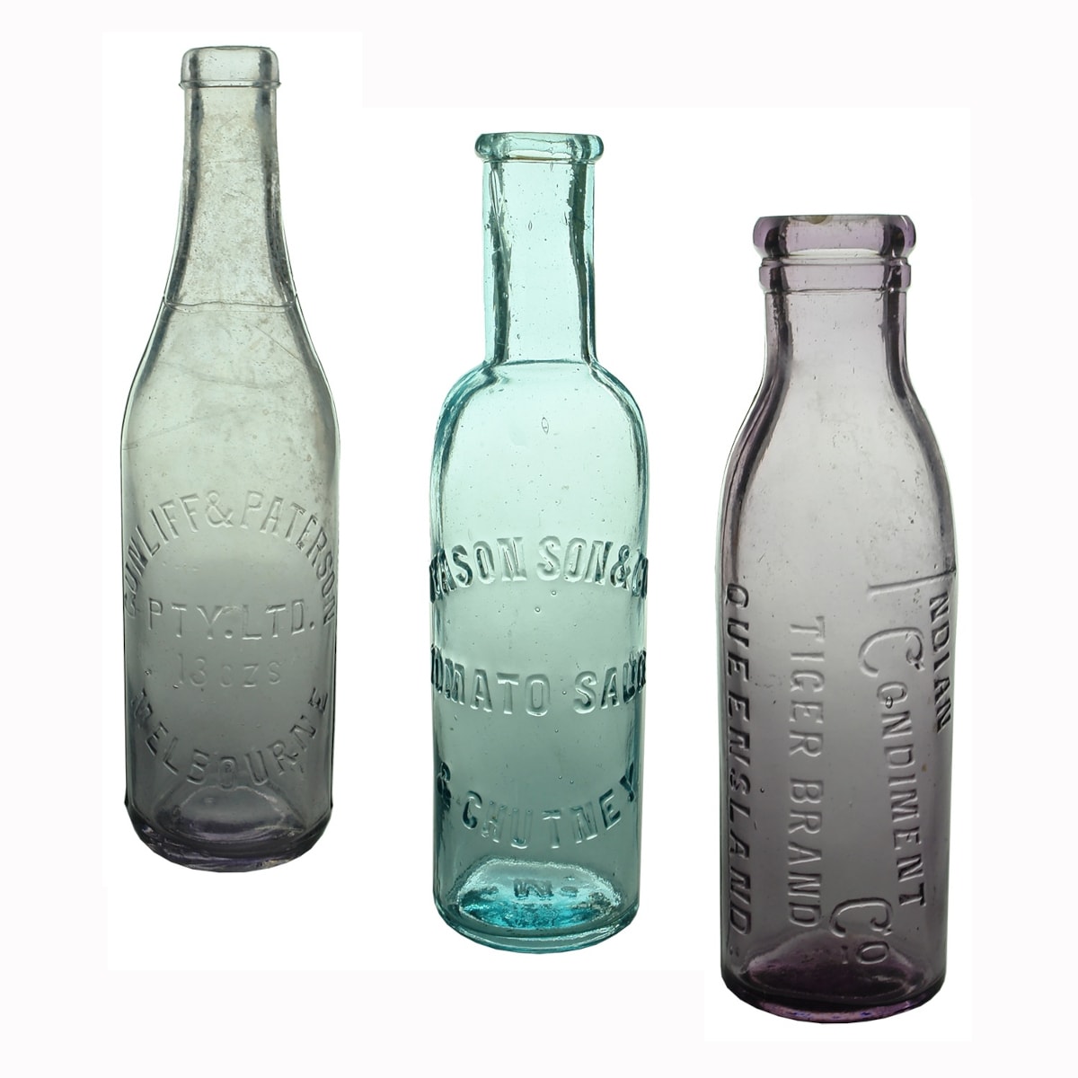3 Household Bottles: Cunliff & Paterson Pty. Ltd. Melbourne Sauce; Dyason Son & Co Tomato Sauce & Chutney; Indian Condiment Co Tiger Brand Brisbane.