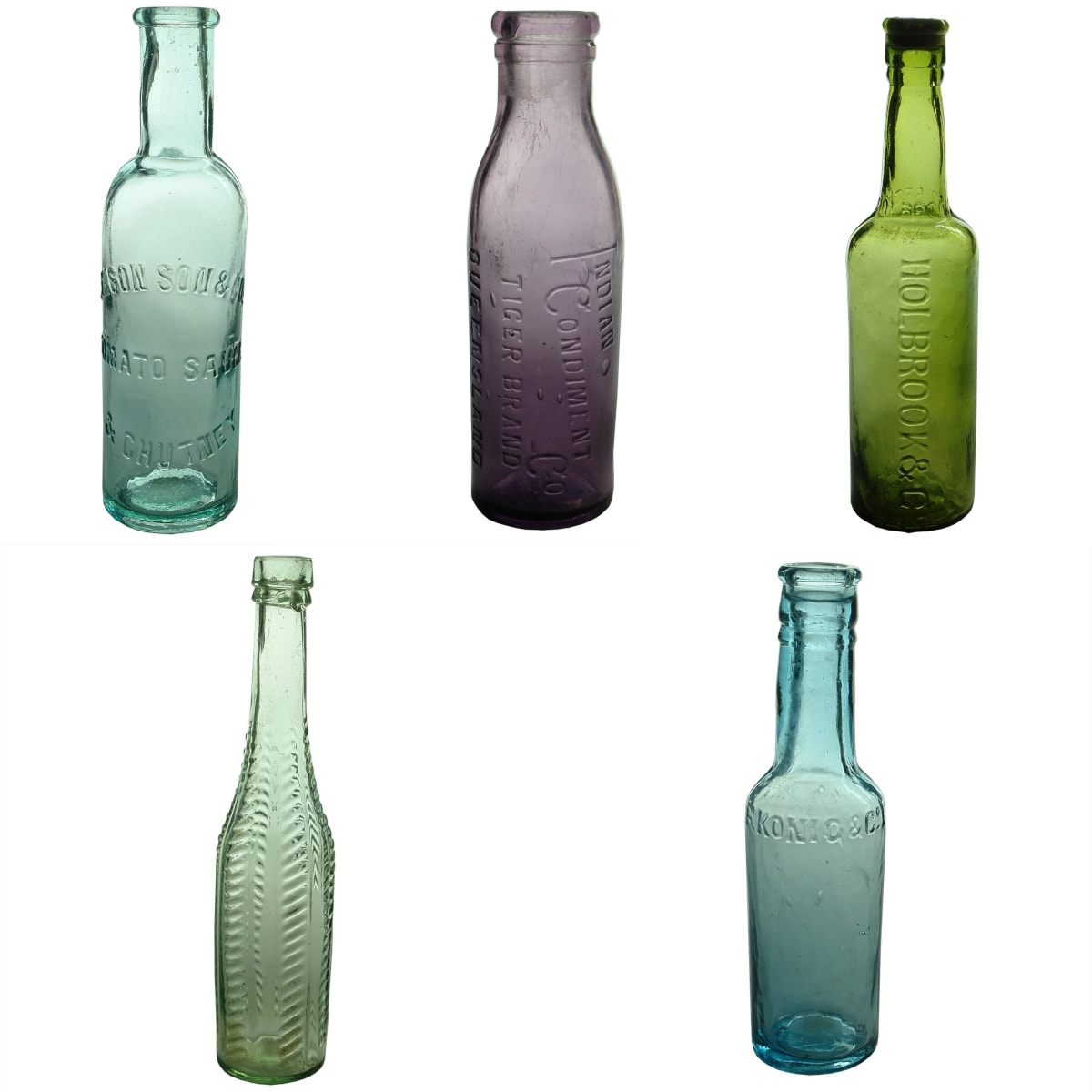 5 Household Bottles: Dyason Son & Cos Chutney; Indian Condiment Co Tiger Brand Chutney; Olive Green Holbrook & Co Sauce; Small Herringbone salad oil; Small Konig & Co Sauce.