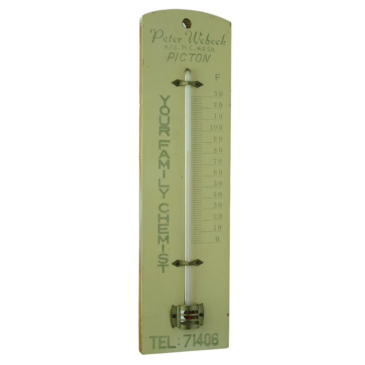 Chemist. Peter Webeck, Picton, Your Family Chemist. Advertising Thermometer. (New South Wales)