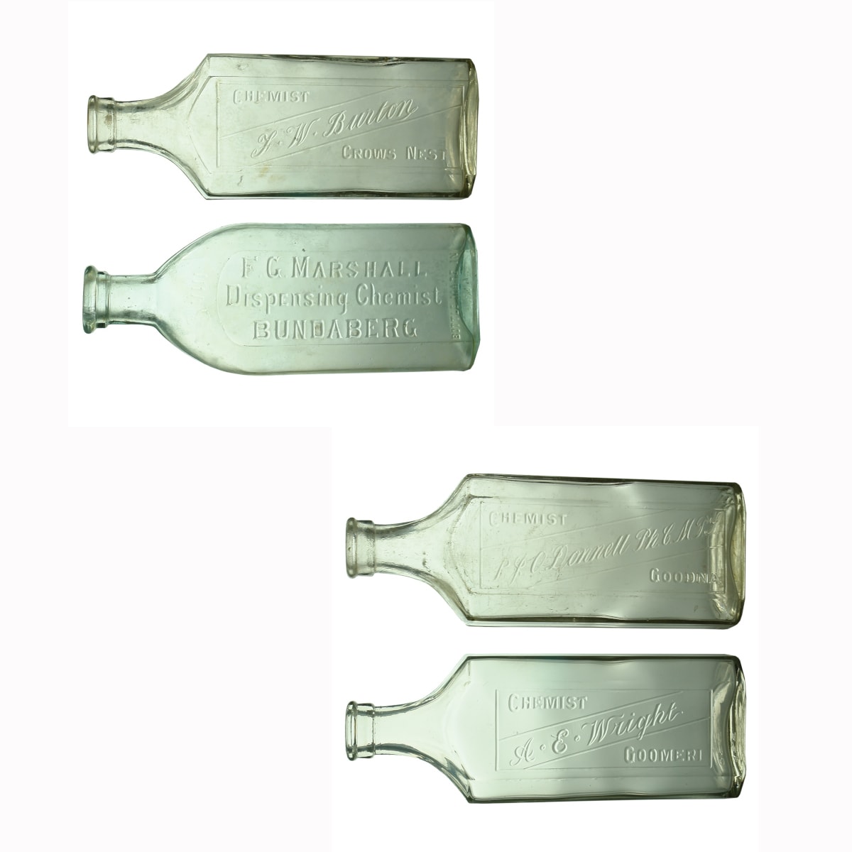 4 Chemists: F. G. Marshall, Bundaberg (179 mm); F. W. Burton, Crows Nest (178 mm); P. J. O'Donnell, Goodna (178 mm); A. E. Wright, Goomeri (178 mm). (Queensland)
