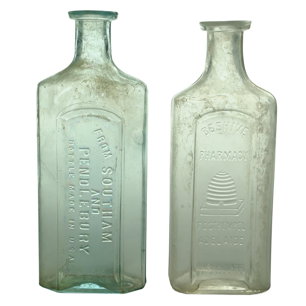 2 Chemists. Southam and Pendlebury 8 oz (177 mm); Beehive Pharmacy, F. C. Strempel, Adelaide 8 oz (172 mm). (South Australia)