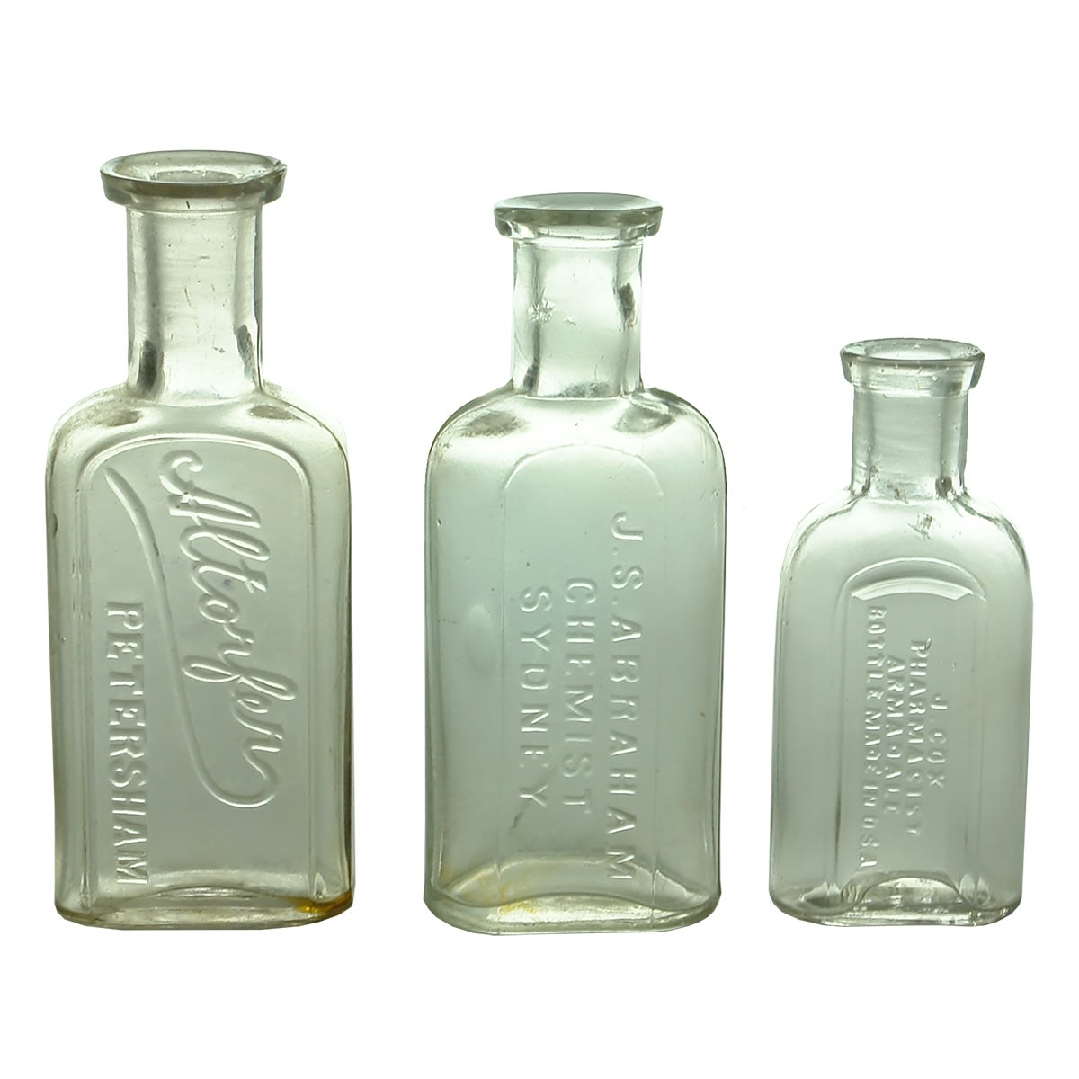 3 Chemists. Altorfer, Petersham (94 mm); J. S. Abraham, Sydney (89 mm); J. Cox, Armadale (72 mm). (New South Wales & Victoria)
