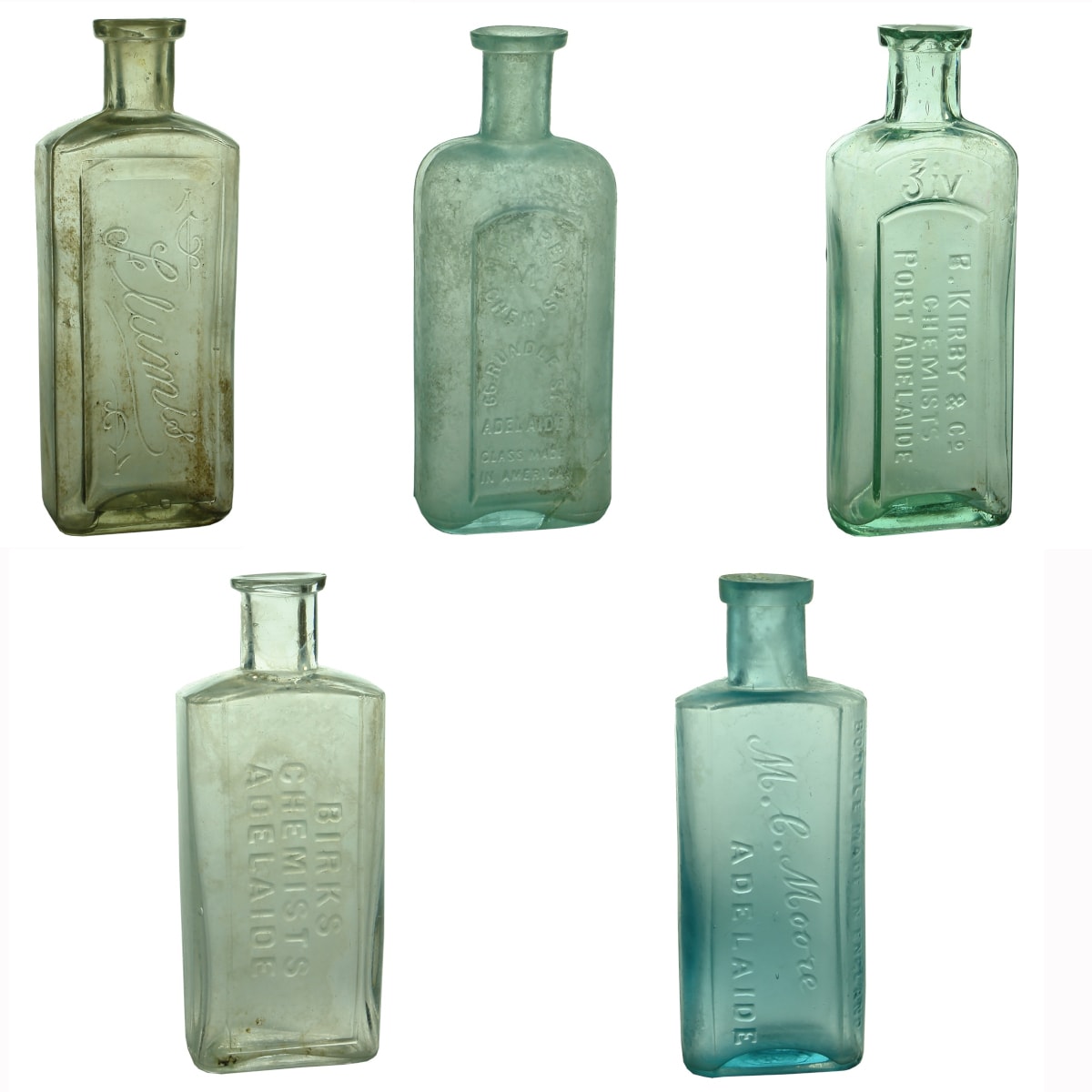 5 Chemists: Flumis; Magarey, Adelaide; B. Kirby & Co, Port Adelaide; Birks, Adelaide; M. C. Moore. (South Australia)