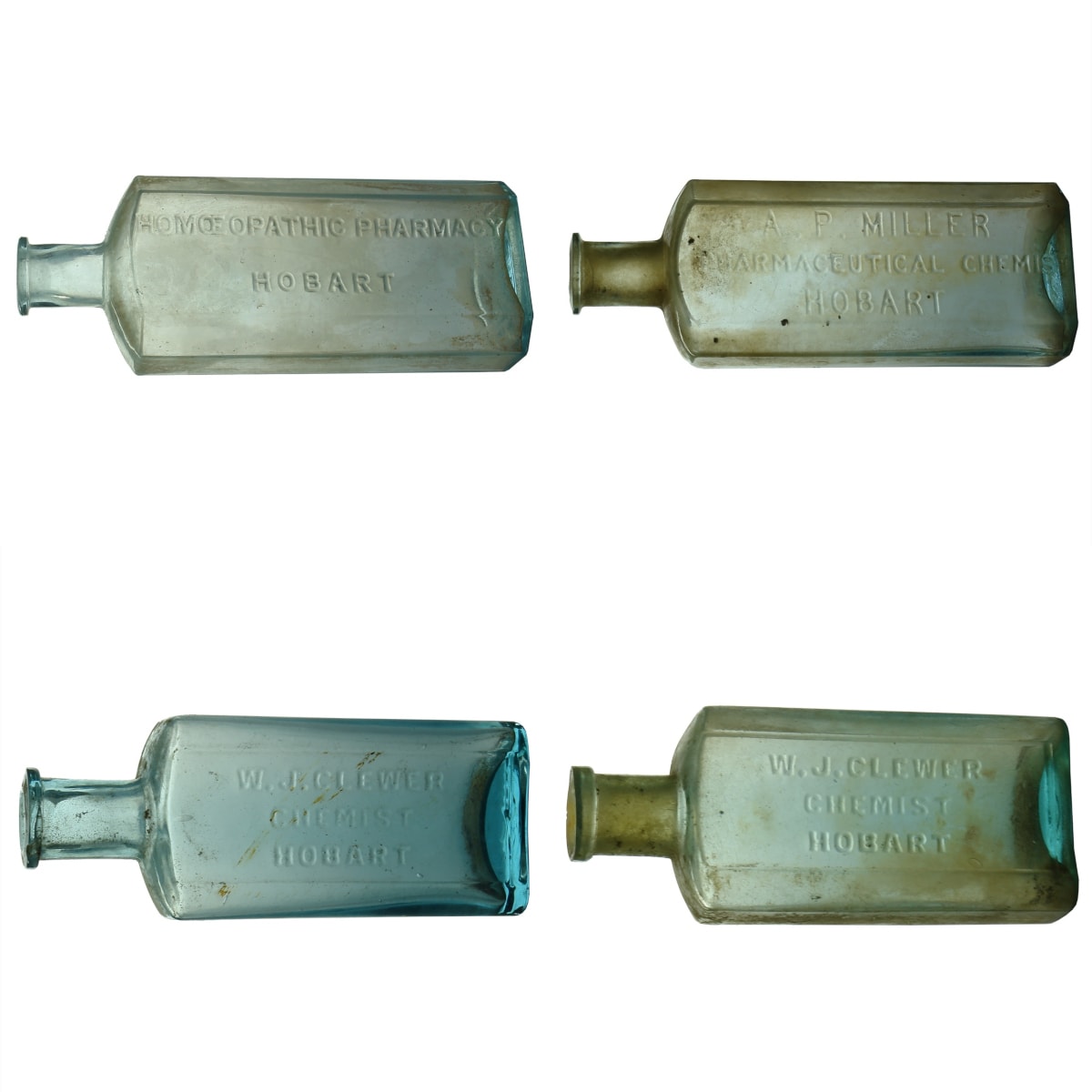 4 Chemists: Homeopathic Pharmacy, Hobart (164 mm); A. P. Miller, Hobart (155 mm); 2 x W. J. Clewer Hobart (122 & 117 mm). (Tasmania)