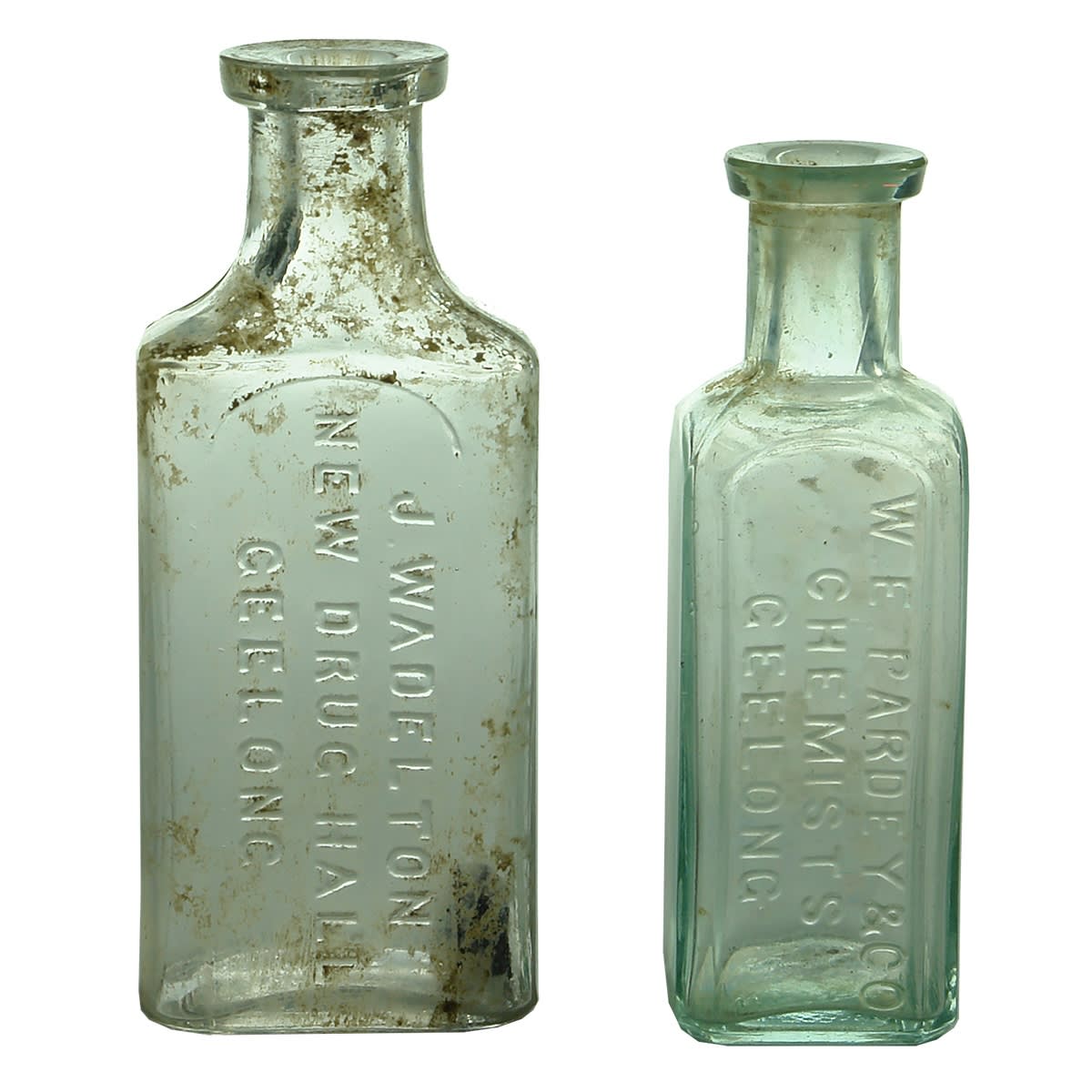 2 Geelong Chemists. J. Wadleton, New Drug Hall (105 mm); W. E. Pardey & Co (95 mm). Both Whitall Tatum made. (Victoria)