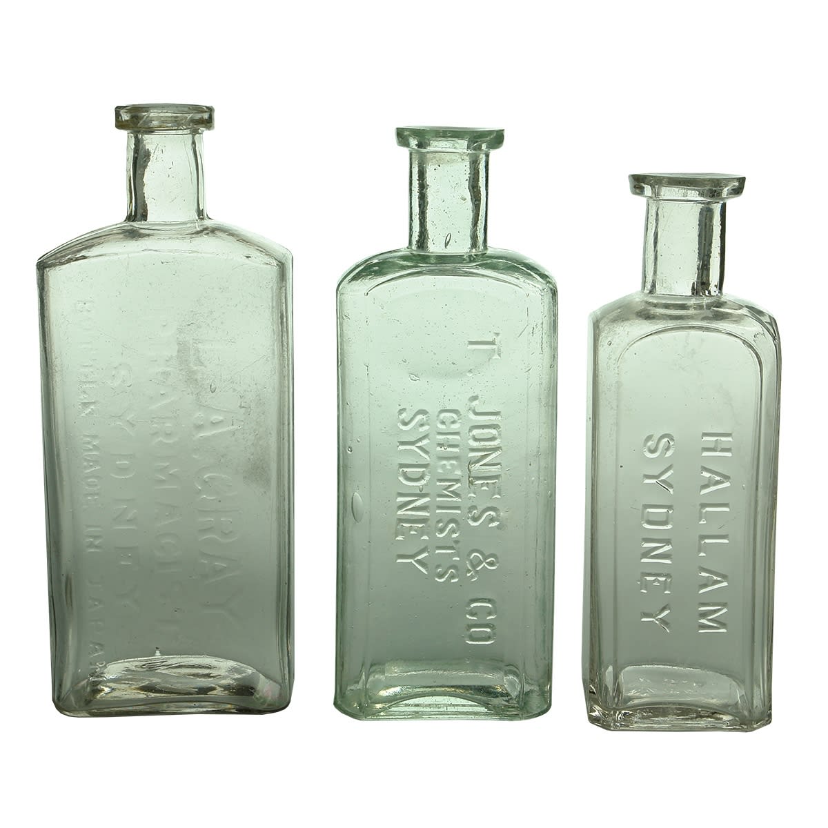 3 Chemists: L. A. Gray, Pharmacist Sydney (158 mm); T. Jones & Co Sydney (154 mm); Hallam, Sydney (141 mm). (New South Wales)