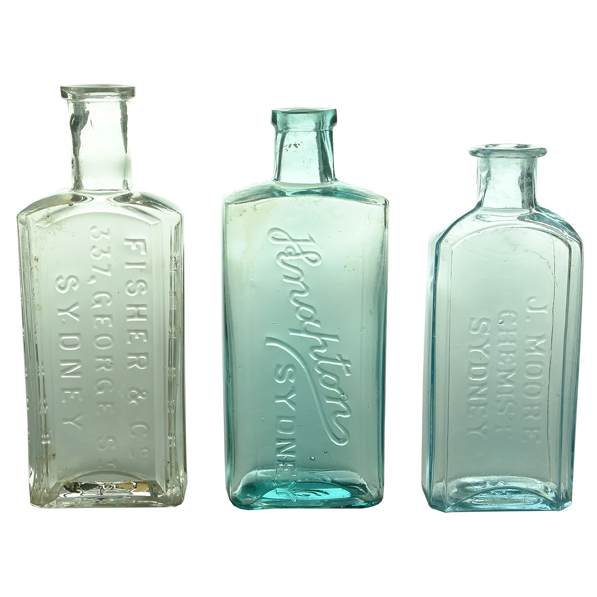 3 Chemist/Cure Bottles: Fisher & Co., Sydney, Natara (137 mm); Knapton, Sydney (129 mm); J. Moore, Sydney (118 mm). (New South Wales)