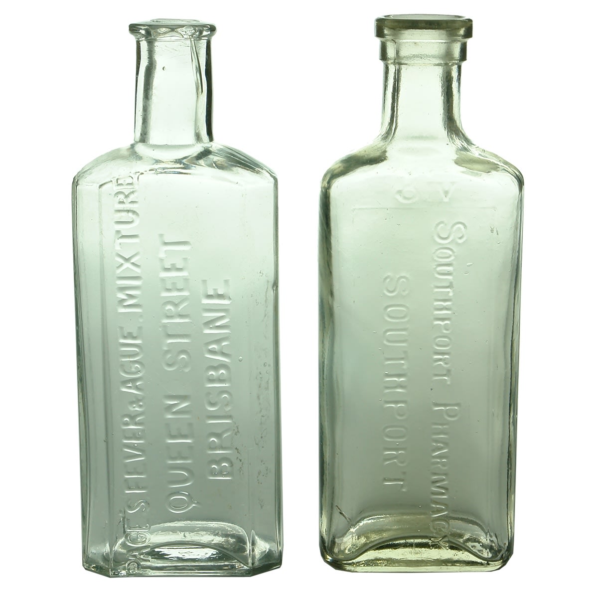 2 Chemists/Cures: Page's Fever & Ague Mixture, Queen Street, Brisbane. (137 mm); Southport Pharmacy, Southport. (138 mm). (Queensland)