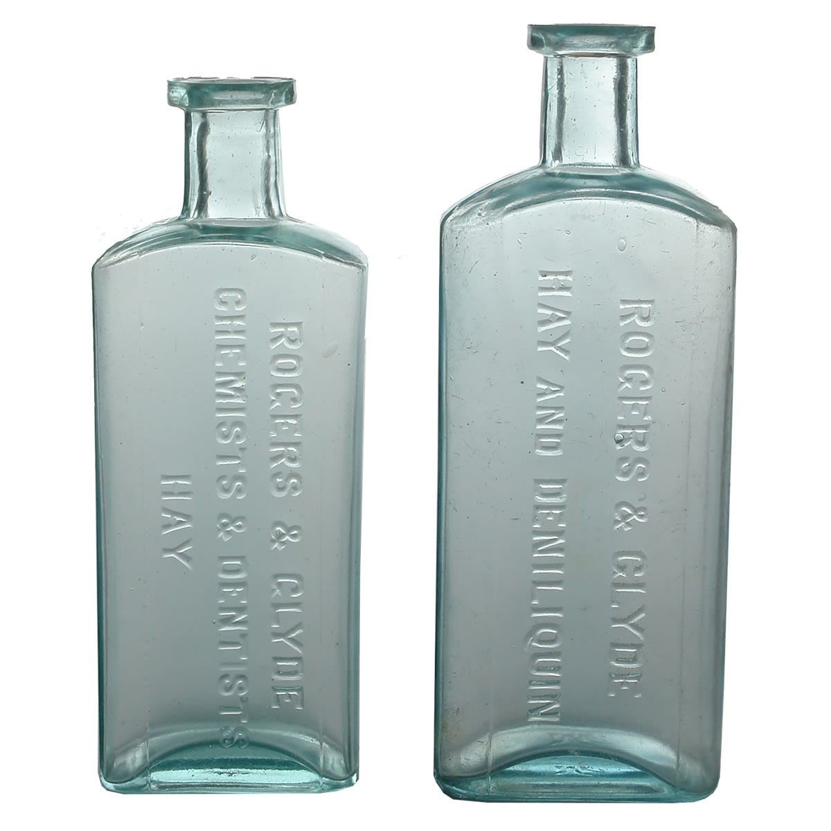 2 Chemists: Both Rogers & Glyde. Larger one Hay & Deniliquin (167 mm); Smaller is Chemists & Dentists, Hay (155 mm). (New South Wales)