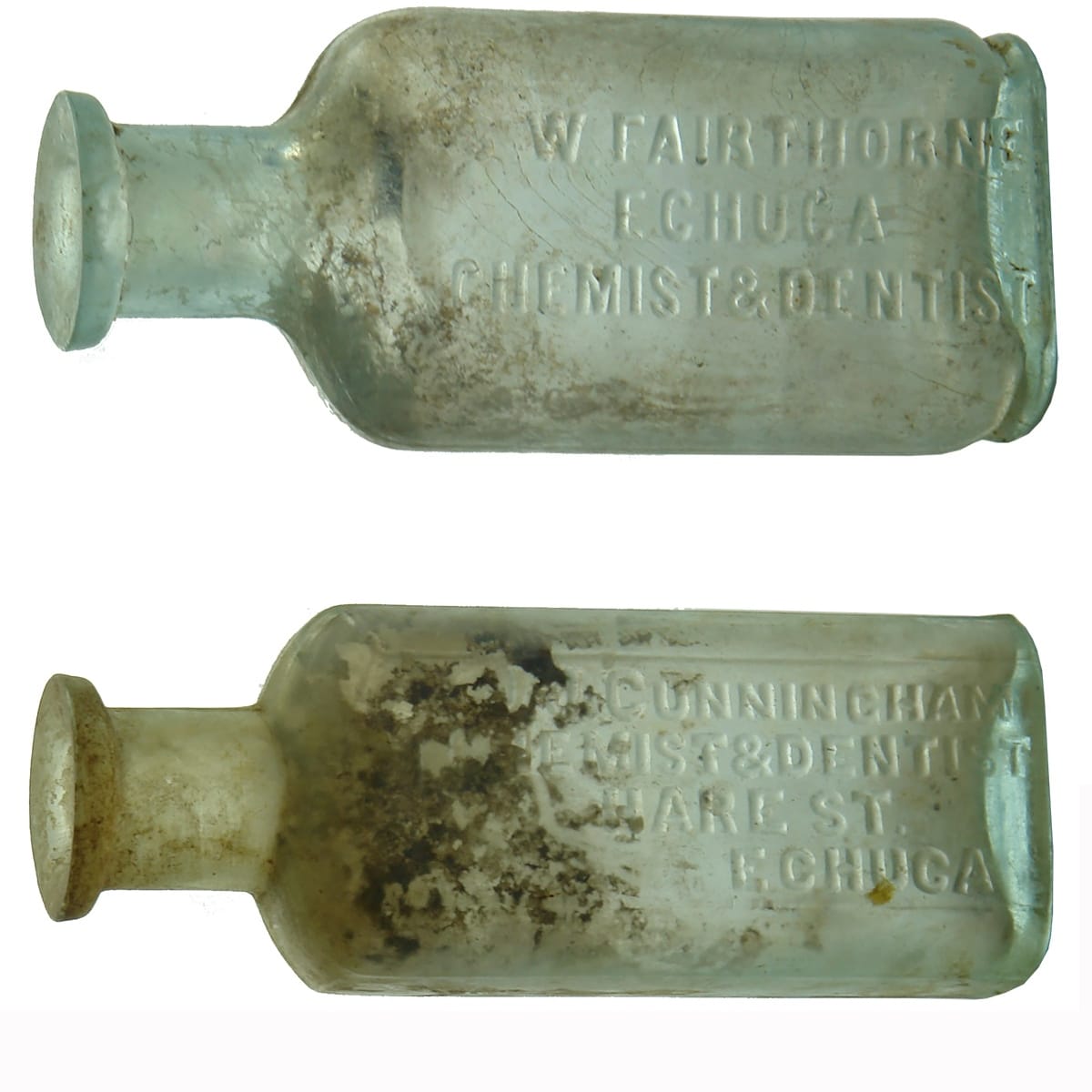 2 Chemists: S. W. Fairthorne, Echuca (70 mm) and J. J. Cunningham, Echuca. (72 mm). 1/4 oz. W. T. & Co. (Victoria)