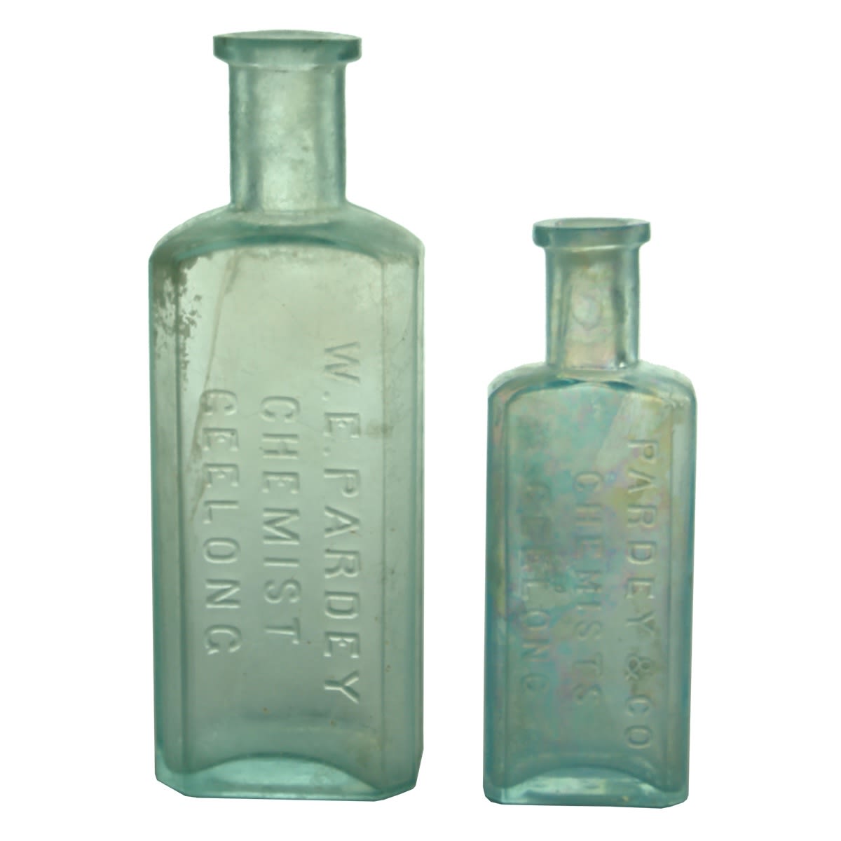 2 Geelong Chemists. W. E. Pardey (130 mm) and W. E. Pardey & Co. (99 mm). Oblong shapes. W. T. & Co bases. (Victoria)