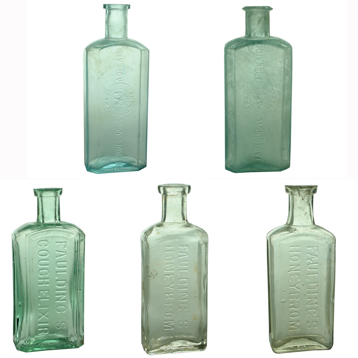 5 Chemists: 2 x F. H. Faulding & Co, Adelaide. Phoenix trade mark; Faulding's Cough Elixir; 2 x slightly different Faulding's Honeybrom. (South Australia)