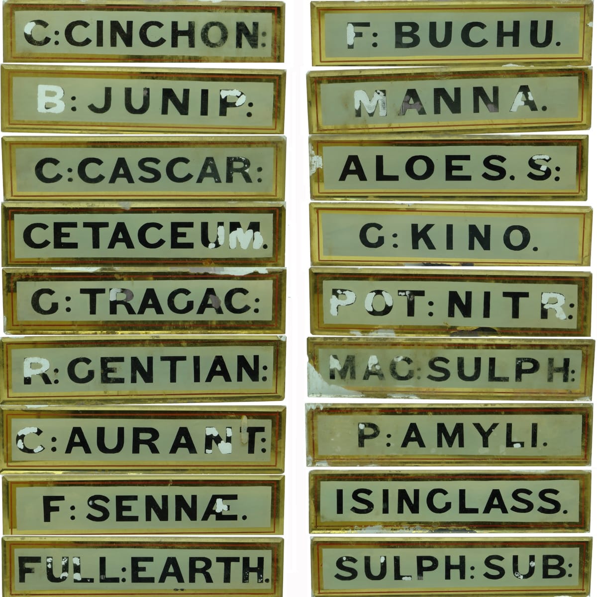 Chemist. Amazing set of apothecary cabinet gilded glass labels!