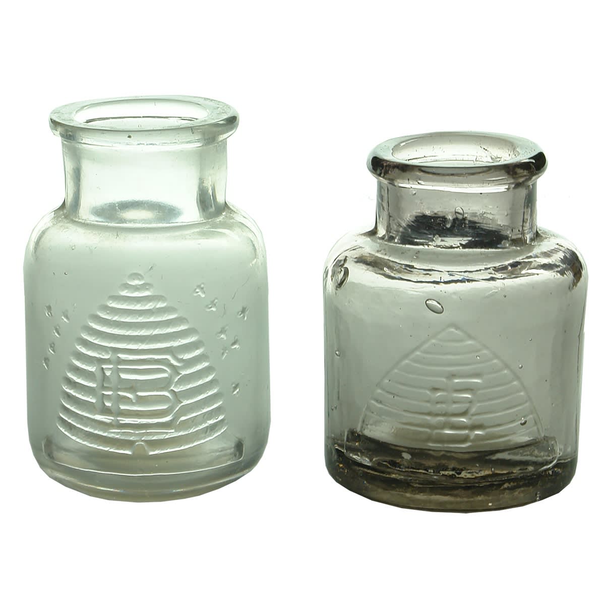 2 Small Jars. Elliott Bros Brisbane & Sydney. Beehive with EB Monogram. Different variations. (Queensland & New South Wales)
