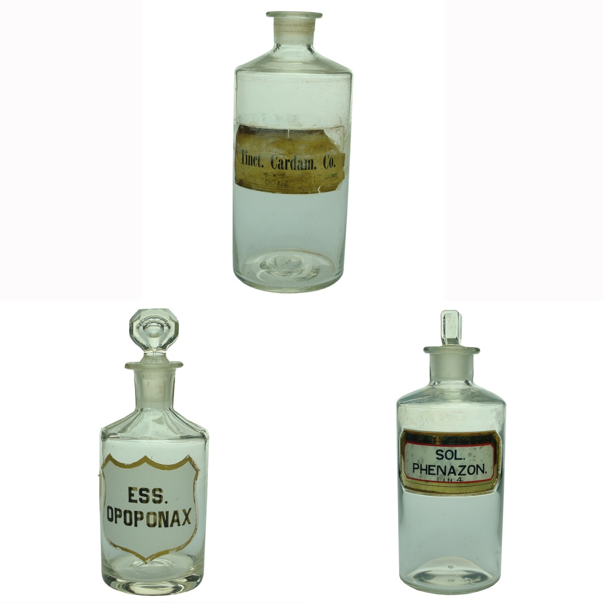 Chemist. 1. Tinct. Cardam. Co. (Paper Label). Clear. Pontil. 175 mm. 2. Ess. Opoponax (Enamelled Label). Clear. Polished Pontil. 142 mm. 3. Sol. Phenazon. 1 in 4. (Label Under Glass). Clear. 177 mm.