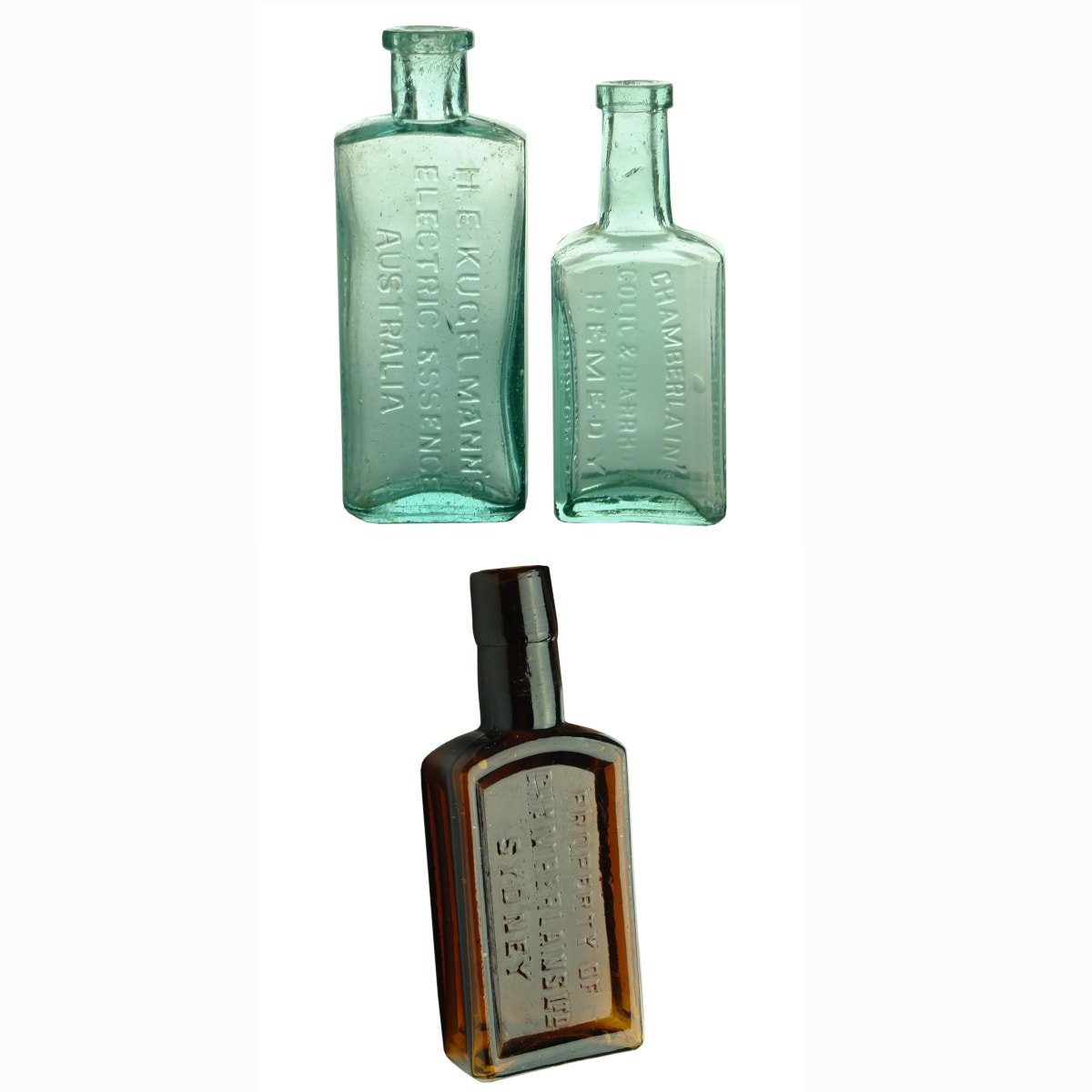 3 Cures: H. E. Kugelmann's Electric Essence (125 mm); Chamberlain's Colic & Diarrhoea Remedy (111 mm); Property of Chamberlains Ltd Sydney (Amber, 111 mm)