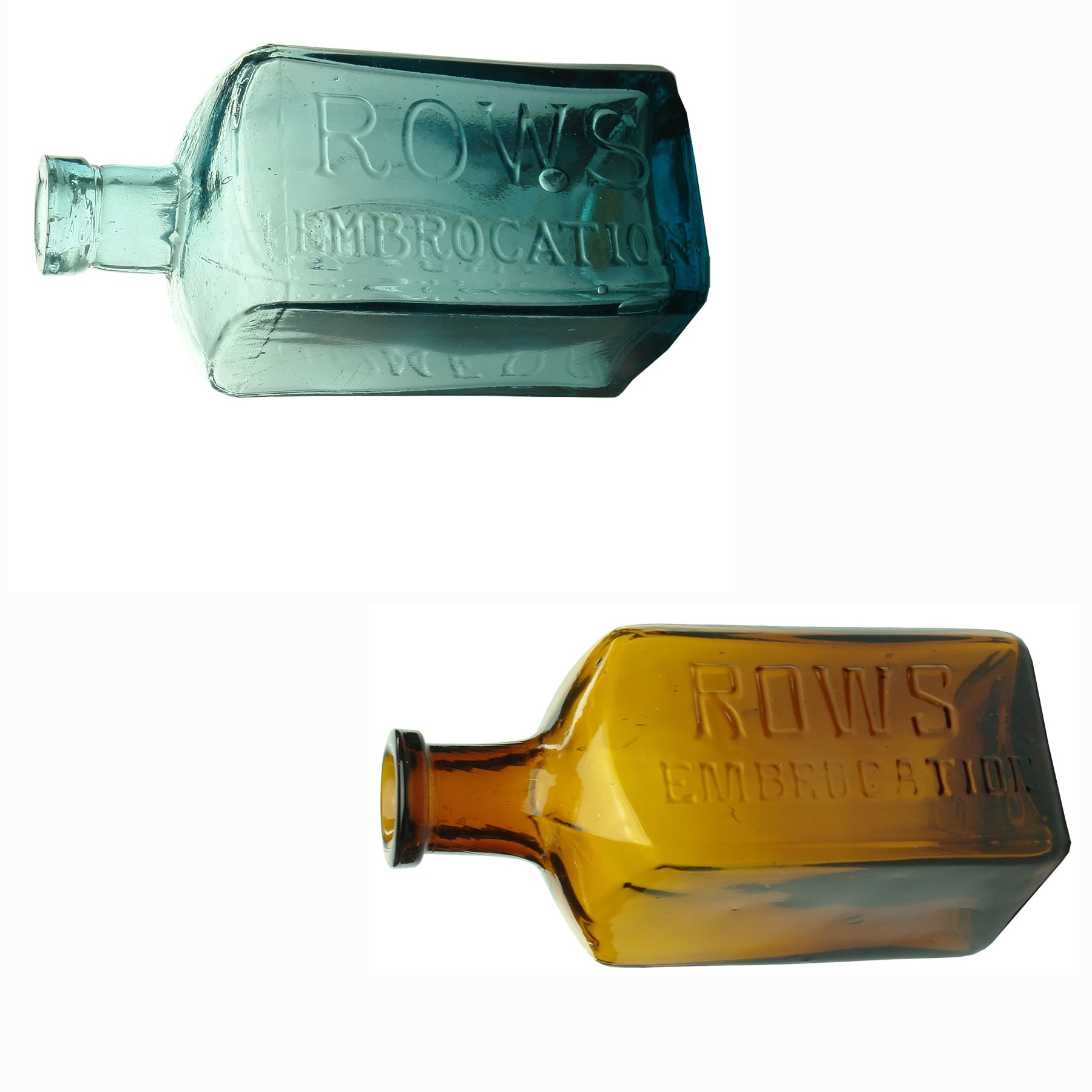 2 Rows Embrocation, Farmers Friend Bottles. Ice Blue & Amber.